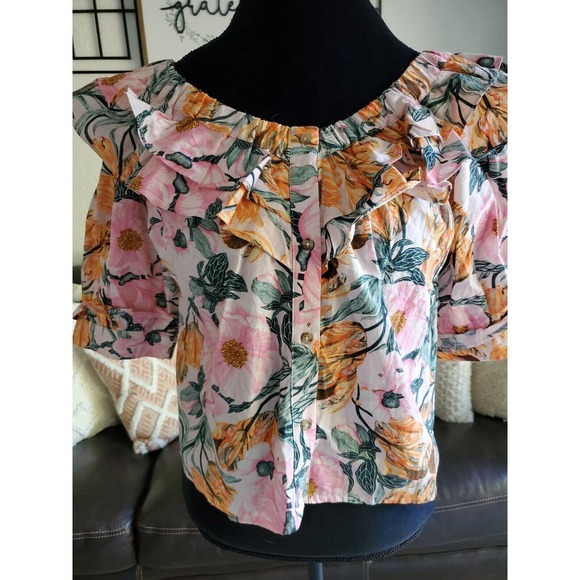Anthropologie Ruffled Off-The-Shoulder Floral Boho Chic Blouse Women's Size S - Picture 6 of 12